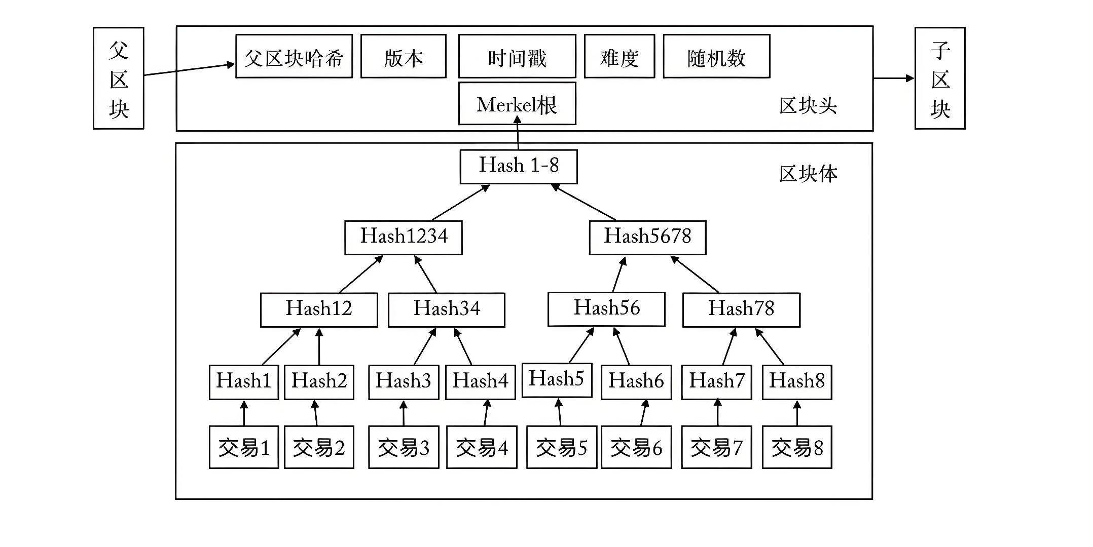 区块链的简要结构 区块体的交易由Merkle树组织而成